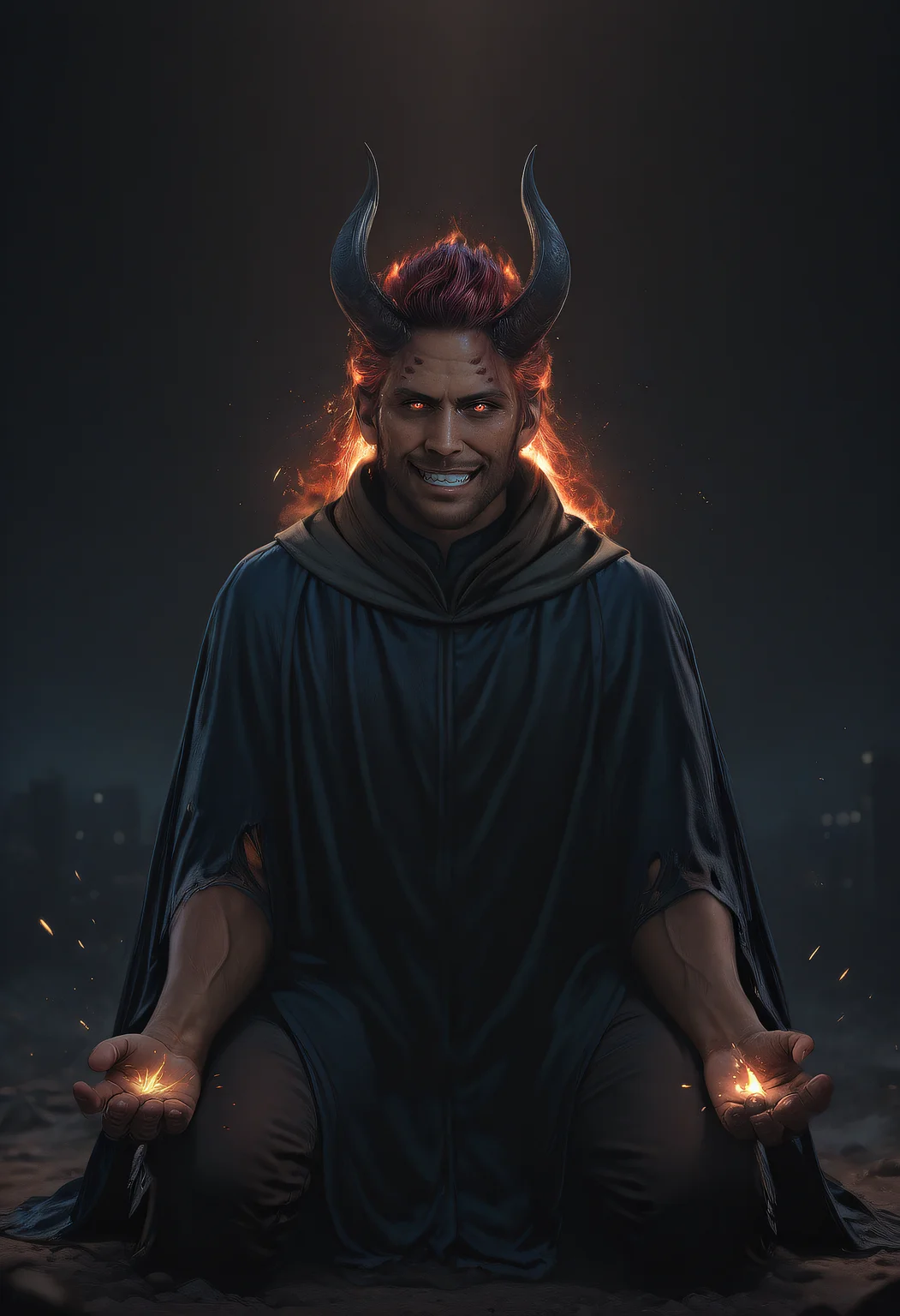 embedding:SDXL\Positive\HDA_MasterpieceXLclassic, womby_artstyle, realistic, dark theme, low light, handfixer, 1boy, mature male, demon, grin, smug, cinematic lighting, solo, dark red curls, fade from dark to light red curls, sparks, bokeh, black curved ram horns, glowing hair, pale skin, glowing sparks on hand, energy charge, red sigil, torn clothes, muscular, cloak, crumble walls, desolate city, city background, kneeling, depth of field, vfx, fire dust, ashes, masterpiece, high resolution, best quality