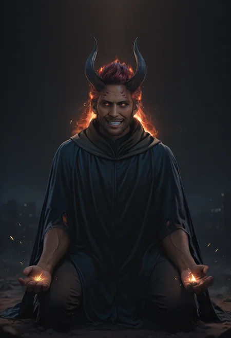 embedding:SDXL\Positive\HDA_MasterpieceXLclassic, womby_artstyle, realistic, dark theme, low light, handfixer, 1boy, mature male, demon, grin, smug, cinematic lighting, solo, dark red curls, fade from dark to light red curls, sparks, bokeh, black curved ram horns, glowing hair, pale skin, glowing sparks on hand, energy charge, red sigil, torn clothes, muscular, cloak, crumble walls, desolate city, city background, kneeling, depth of field, vfx, fire dust, ashes, masterpiece, high resolution, best quality