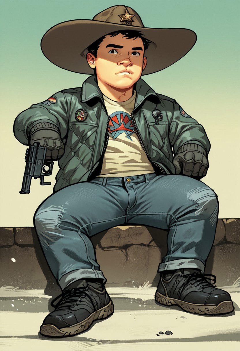 score_9, score_8_up, score_7_up, masterpiece-level, highly detailed, carlgrimescomic, 1boy, solo, male focus, front view, hat, cap, gun, denim, jacket, black eye, black hair, shoes