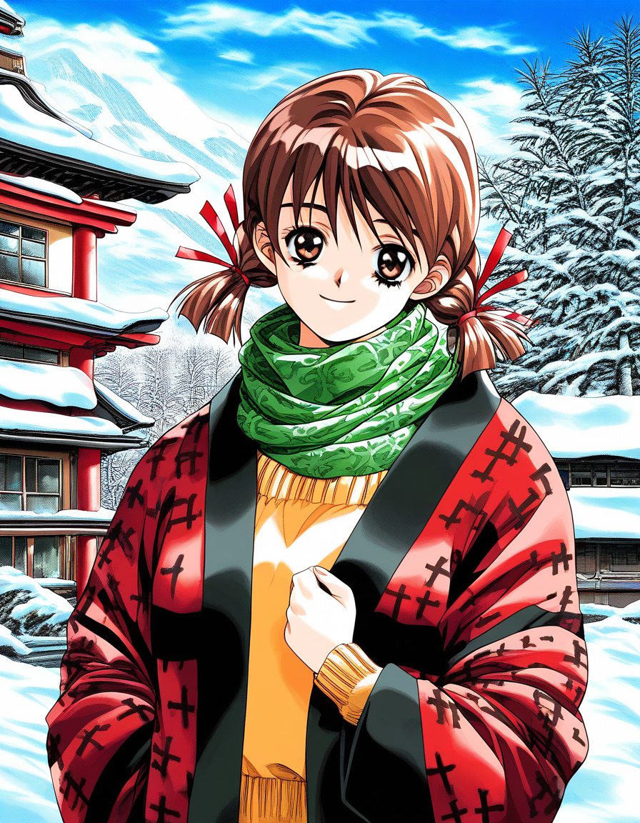 score_9, score_8_up, score_7_up, source_anime, rating_explicit, BREAK <lora:Nagashima_Kumiko_XL:1>Nagashima_Kumiko, brown hair, brown eyes, hair ribbon, red ribbon, twin braids, bangs, short twintails,
1girl, solo, snow, outdoors, day, smile, sky, retro artstyle, long sleeves, 1990s (style), winter, house, looking at viewer, tree, sweater, blue sky, mountain, upper body, turtleneck, building, cloud, hanten (clothes), nature, east asian architecture, haori, scarf, architecture, bamboo, closed mouth, shrine, japanese clothes, pine tree, red ribbon, open clothes, forest, jacket, light smile