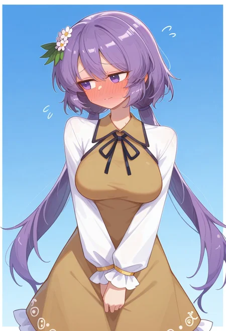masterpiece, best quality, amazing quality, 1girl, solo, tsukumo_benben, touhou, hair_ornament, hair_flower, purple_hair, long_hair, twintails, very_long_hair, low_twintails, purple_eyes, medium breasts, dress, long_sleeves, flower, full-face blush, shy looking away