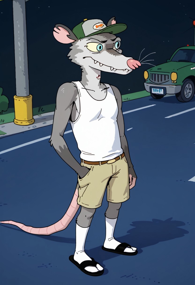 Score_9, score_9_up, solo, 1boy, furry, animal, oppossum, pink nose, blue eyes, grey fur, rat tail, opossum tail, animal ears, tank top, cap, green cap, shorts, socks, flip flops, sandals, wiskers, standing, highway background, Expressiveh