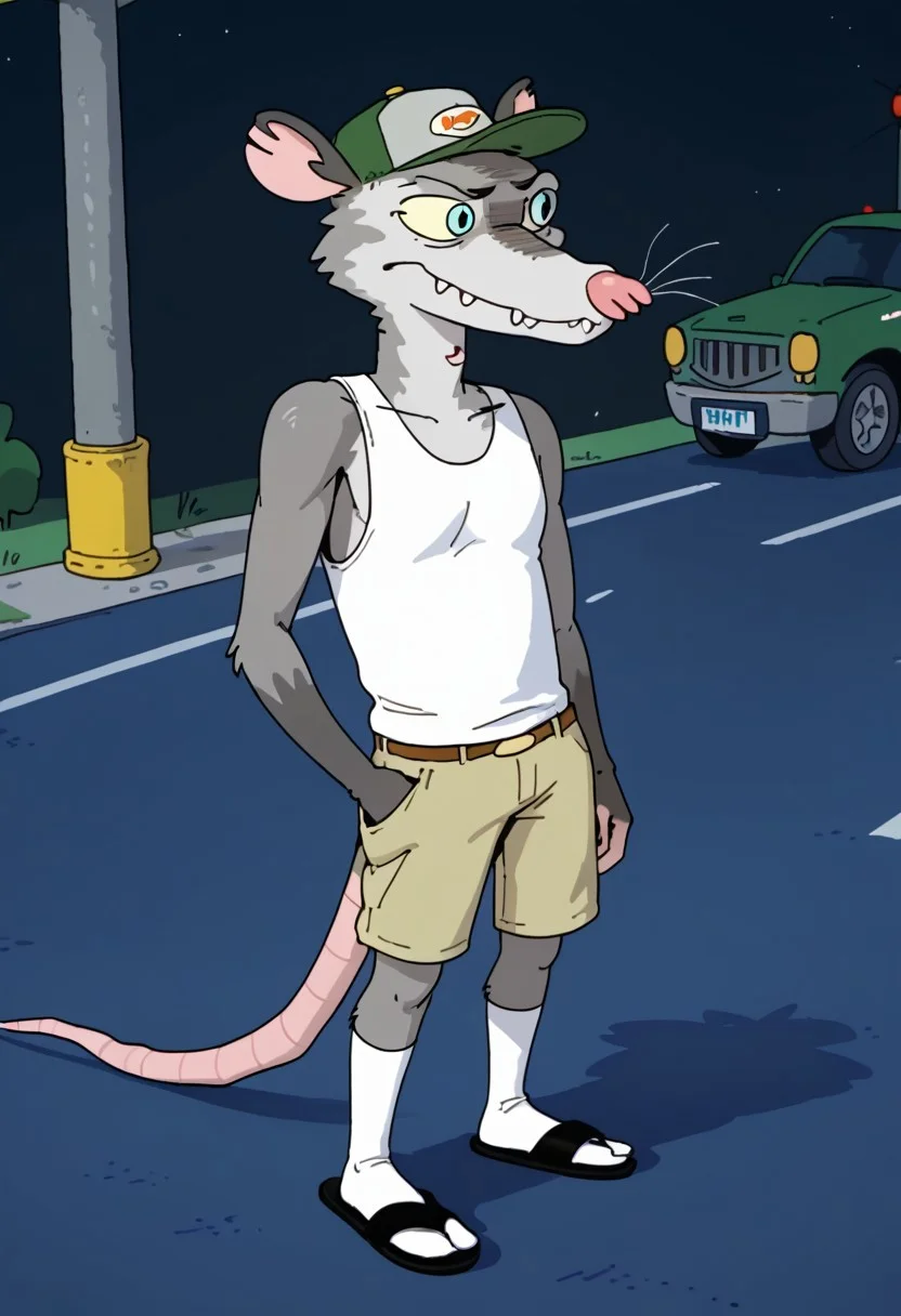 Score_9, score_9_up, solo, 1boy, furry, animal, oppossum, pink nose, blue eyes, grey fur, rat tail, opossum tail, animal ears, tank top, cap, green cap, shorts, socks, flip flops, sandals, wiskers, standing, highway background, Expressiveh