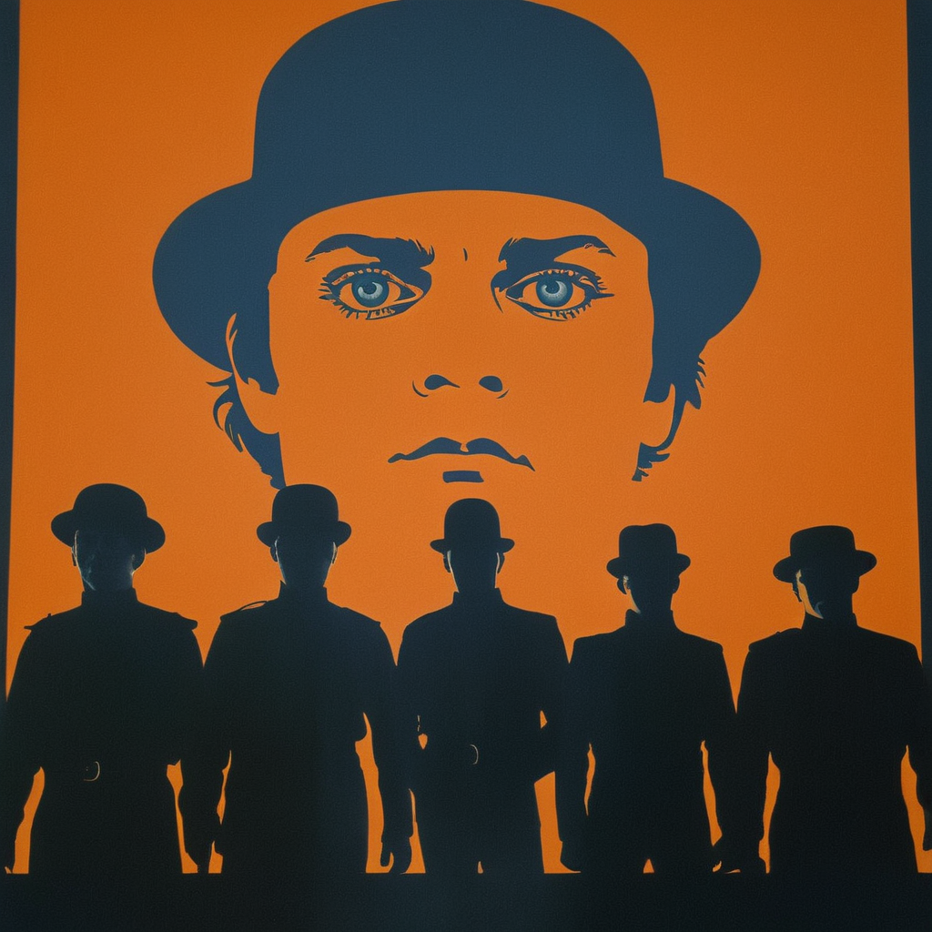 cinematic film still of  <lora:perfection style:0.5> <lora:detailed:0.5> perfection detailed
 <lora:Clockwork Orange film style:0.9>
Alex In a futuristic dystopian Britain a surrealistic poster with a man with a hat and three silhouette people on top of it,blue eyes,hat,male focus,multiple boys,tattoo,shadow,orange background,silhouette , cinematic, film, kodak, Clockwork Orange film style, shallow depth of field, vignette, highly detailed, high budget, bokeh, cinemascope, moody, epic, gorgeous, film grain, grainy