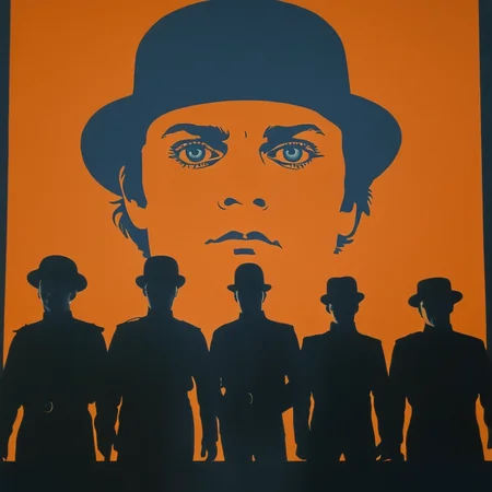 cinematic film still of <lora:perfection style:0.5> <lora:detailed:0.5> perfection detailed
<lora:Clockwork Orange film style:0.9>
Alex In a futuristic dystopian Britain a surrealistic poster with a man with a hat and three silhouette people on top of it,blue eyes,hat,male focus,multiple boys,tattoo,shadow,orange background,silhouette , cinematic, film, kodak, Clockwork Orange film style, shallow depth of field, vignette, highly detailed, high budget, bokeh, cinemascope, moody, epic, gorgeous, film grain, grainy