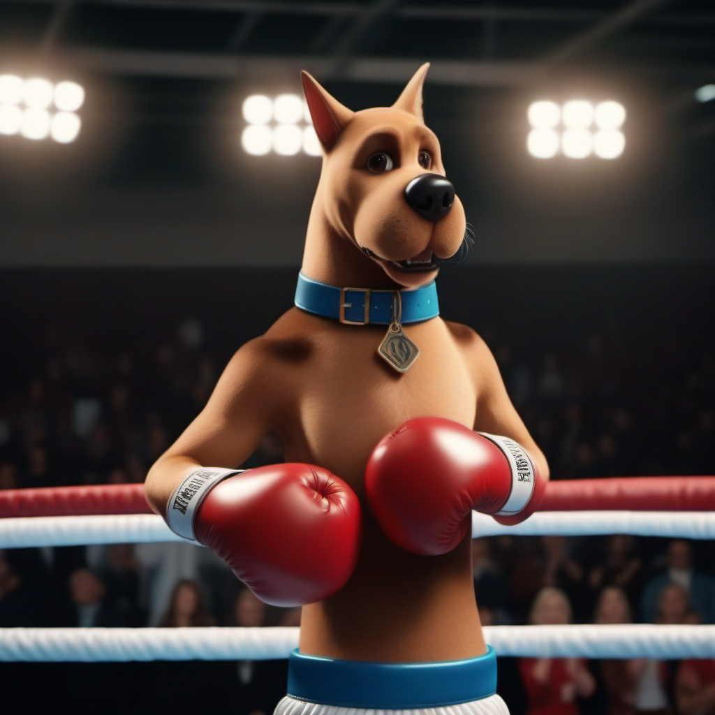 cinematic photo an anthropomorphic  dog with a collar and boxing gloves on a boxing-ring <lora:ScoobyDoo1024:0.8> . 35mm photograph, film, bokeh, professional, 4k, highly detailed