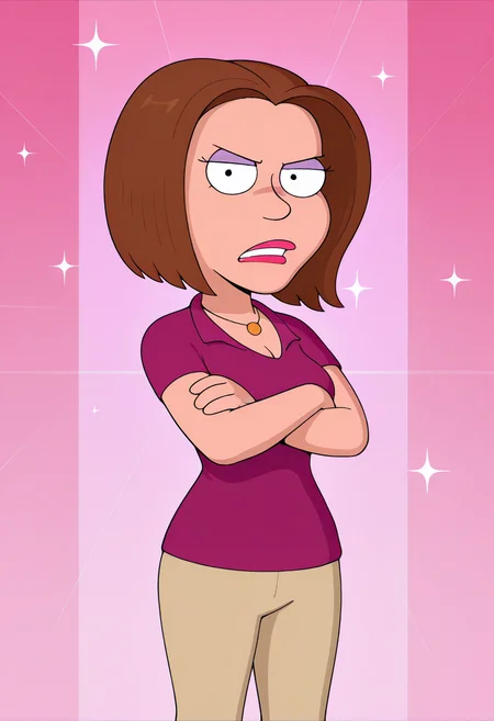 masterpiece, best quality, amazing quality, gr3tch3nm, 1girl, brown hair, necklace, purple polo shirt, beige pants, crossed arms, looking at viewer, angry, cowboy shot, pink background, (colorful sparkles background, light rays:0.9),