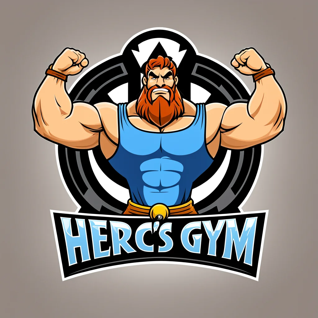 logomkrdsxl, logo for a gym featuring Hercules, vector, text "Herc's Gym", <lora:logomkrdsxl:1>, best quality, masterpiece, muscles, cartoon