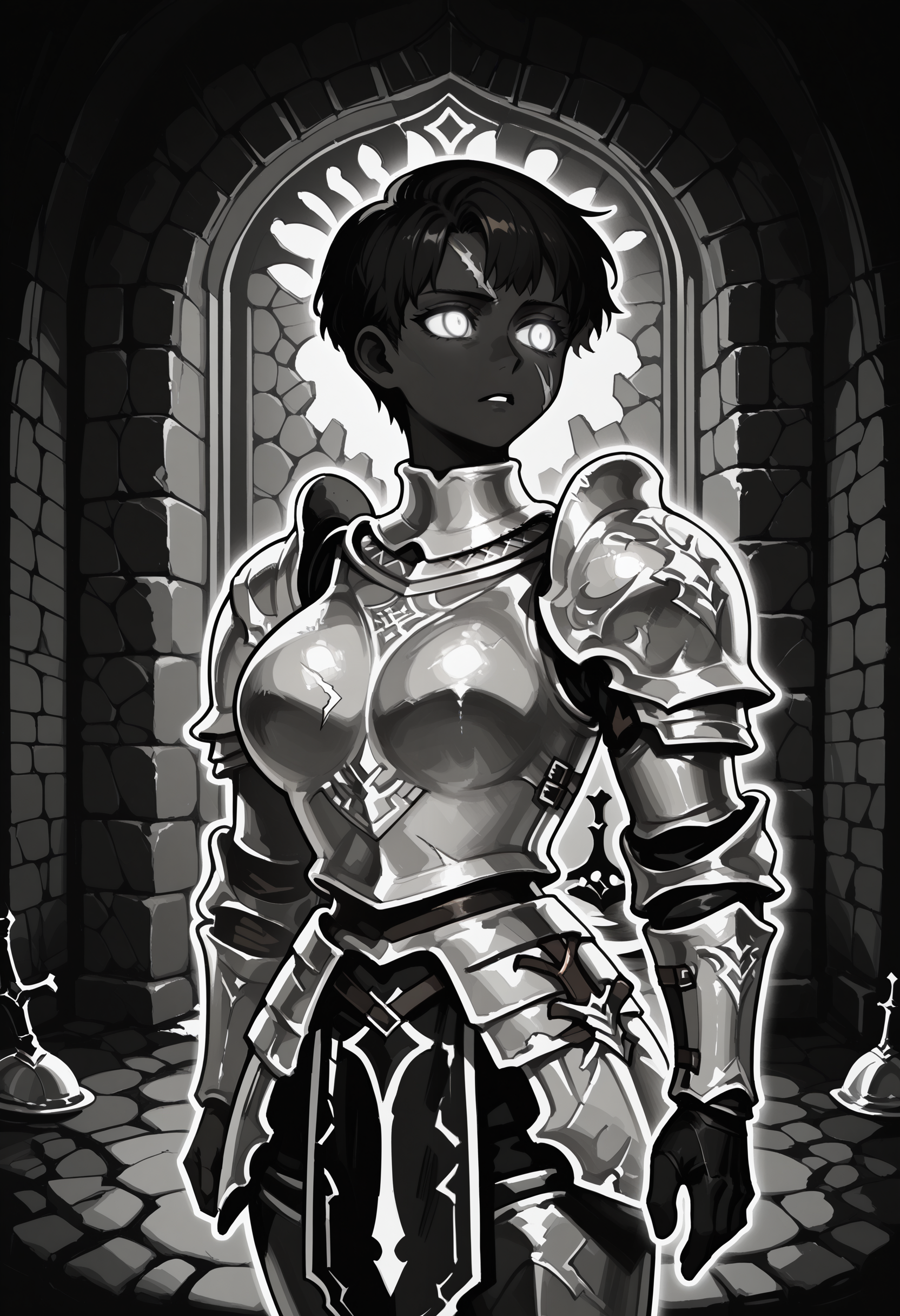 1girl, solo, DARCEIL,1girl,short hair,large breasts, armor,grey eyes,scar,shoulder armor,gauntlets,scar on face,pauldrons,breastplate,faulds,plate armor,boobplate,
dungeon, turning head, stone wall,
BHDR, white eyes, glowing eyes, outline, monochrome, greyscale, black skin, best quality, very aesthetic, masterpiece,