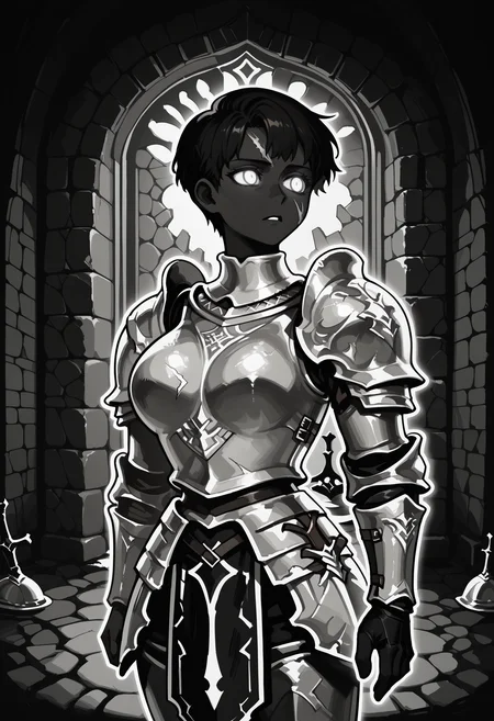 1girl, solo, DARCEIL,1girl,short hair,large breasts, armor,grey eyes,scar,shoulder armor,gauntlets,scar on face,pauldrons,breastplate,faulds,plate armor,boobplate,
dungeon, turning head, stone wall,
BHDR, white eyes, glowing eyes, outline, monochrome, greyscale, black skin, best quality, very aesthetic, masterpiece,