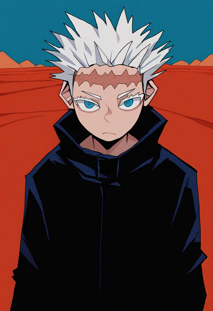 masterpiece,best quality,absurdres,highres,very awa,very detailed painting \(medium\),1boy,gojou satoru,scar on forehead,upper body,serious,looking at viewer,outdoors,desert,<lora:0hu_ton:1>,0huton_illu,