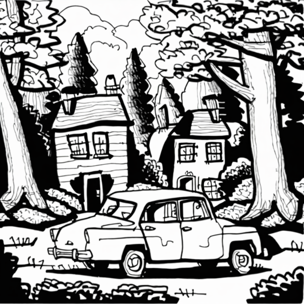 drawix19 old car in front of the house in the forest<lora:drawix19:1>