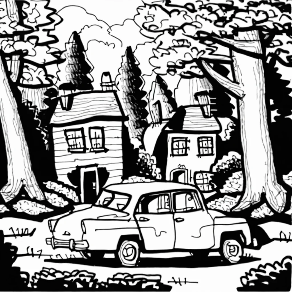 drawix19 old car in front of the house in the forest<lora:drawix19:1>
