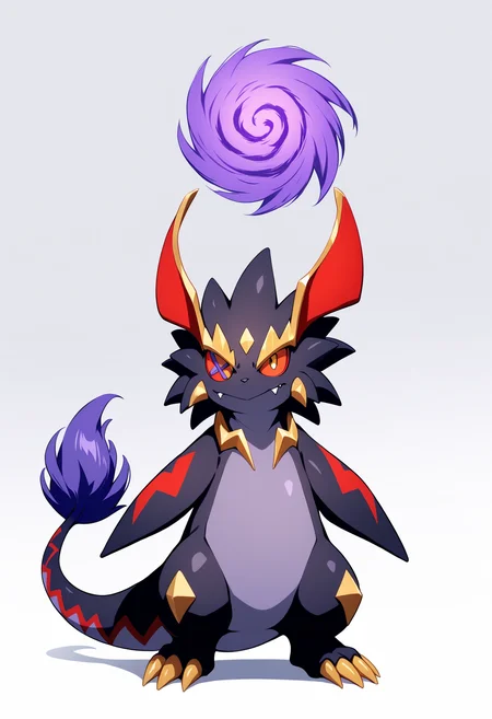 <lora:GaitoKurouzu_V1-1:1>,abygale,no humans,(purple vortex above the head:0.6),solo,fang,standing,fang out,fangs,full body,closed mouth,fangs out,red sclera,yellow eyes,button eyes,masterpiece,high score,great score,absurdres,