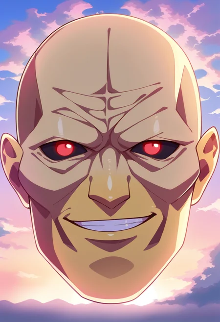score_9, score_8_up, score_7_up, source_anime, BREAK solo, <lora:FE3H-S-Rank-pdxl_Fp:1>, sky, cloud, sunset, <lora:zs_YHVHXL:1>, yhvhsmt, head, bald, yellow skin, colored skin, red eyes, black sclera, no humans, smirk, floating,