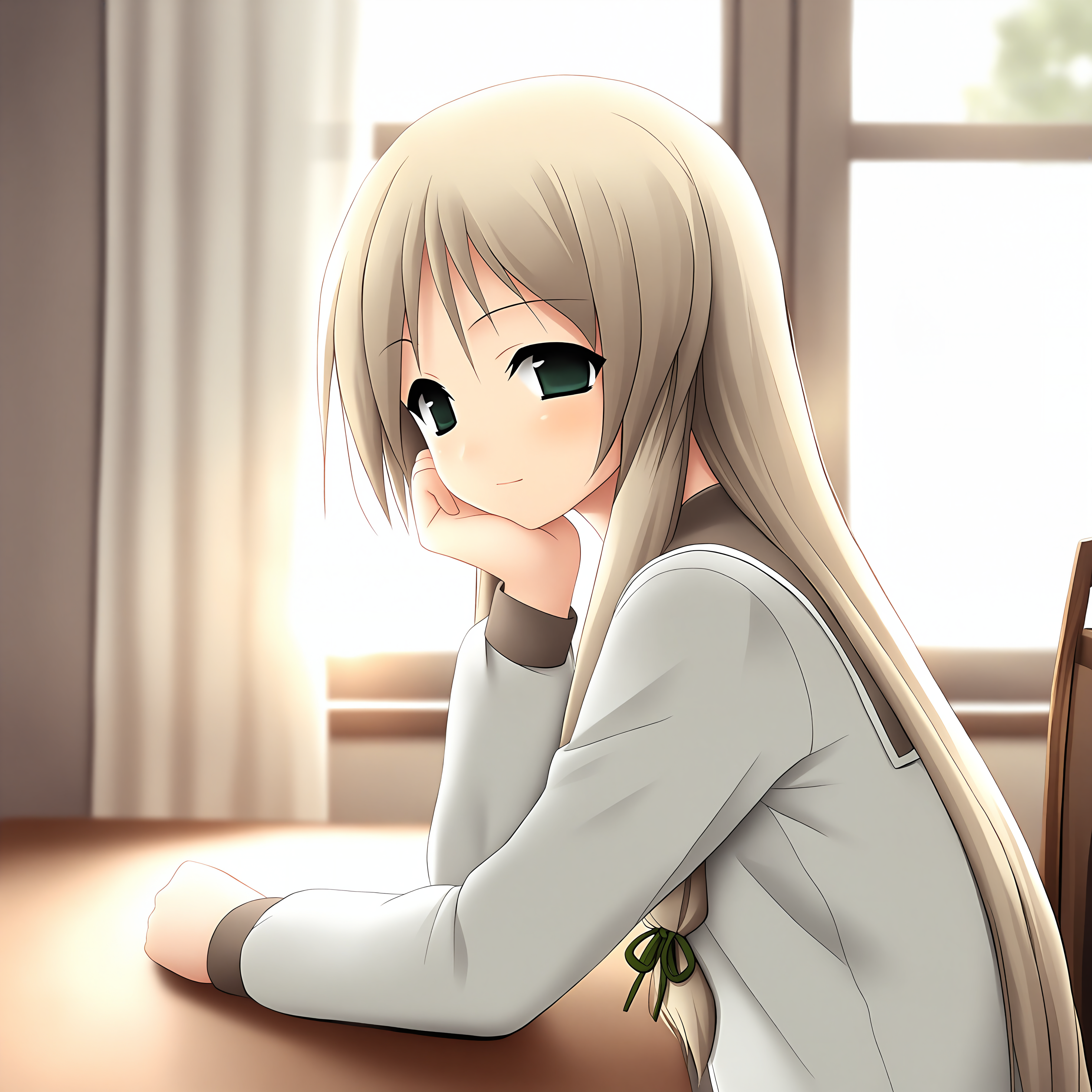<lora:Falsita_Fawcett_1_illu-000043:1>,Falsita Fawcett,long sidelocks,hair ribbon,green ribbon,
long sleeves,white jacket,brown sailor collar,brown sleeve cuffs,black shirt,
1girl,solo,looking at viewer,sitting,from side,arm support,on chair,desk,indoors,window,curtains,day,arm on table,depth of field,lens_flare,