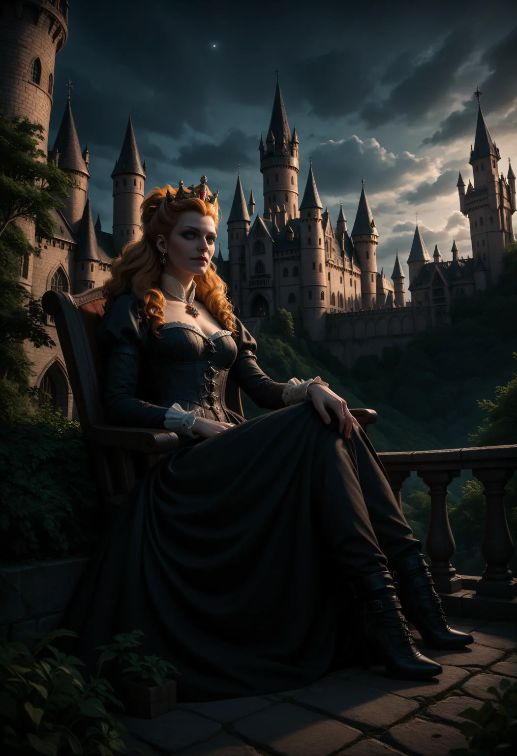score_9, score_8_up, score_7_up, 1girl, Anna Henrietta from Witcher, dutch angle, sitting, outdoors, wizard tower, embedding:c4stl3,