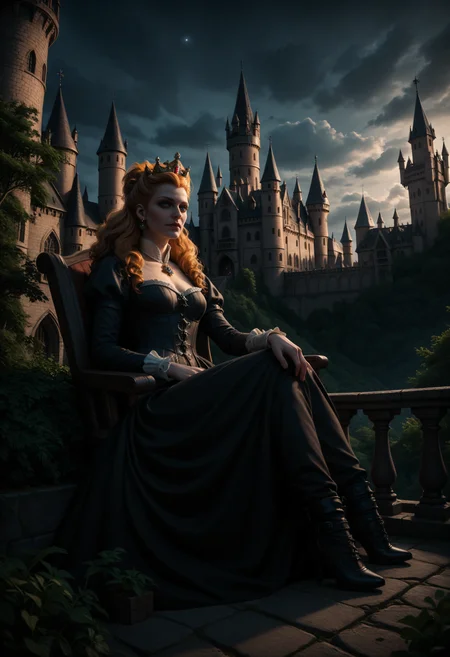 score_9, score_8_up, score_7_up, 1girl, Anna Henrietta from Witcher, dutch angle, sitting, outdoors, wizard tower, embedding:c4stl3,