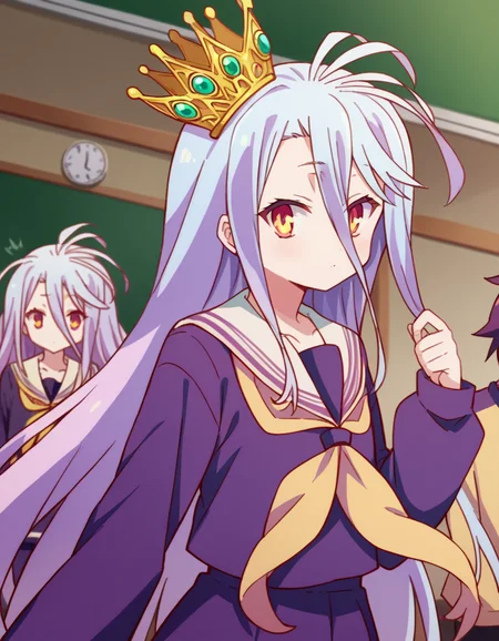 score_9, score_8_up, score_7_up, source_anime,
ngnlshiro, <lora:ngnl-shiro-s1-ponyxl-lora-nochekaiser:1>
shiro, long hair, hair between eyes, very long hair, white hair, messy hair, yellow eyes,
crown, shirt, long sleeves, school uniform, serafuku, sailor collar, neckerchief, white sailor collar, yellow neckerchief,
indoors, classroom,
looking at viewer, dutch angle, cowboy shot