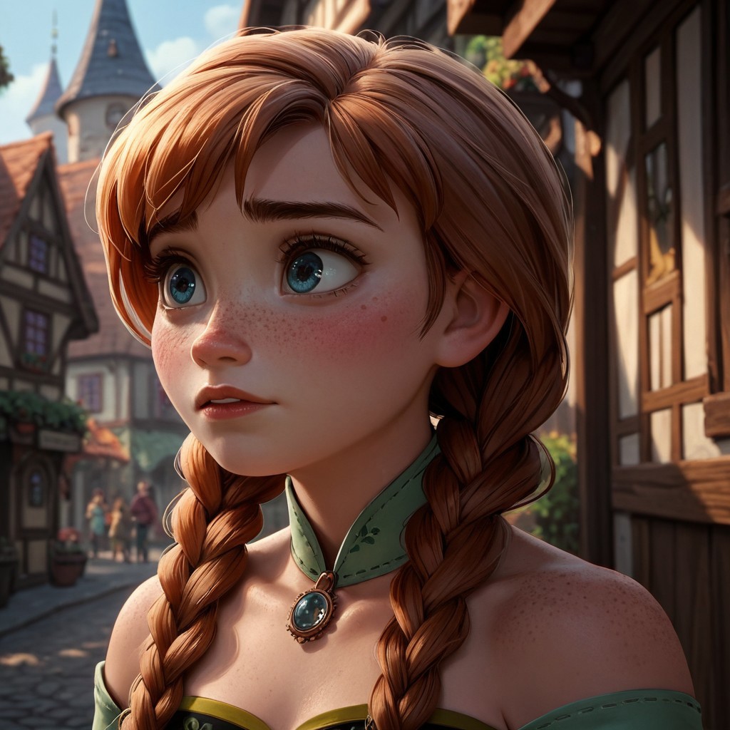 score_9, score_8_up, score_7_up, score_6_up, score_5_up, score_4_up, Anna, in a village, freckles, braid, red hair, exposed shoulders, blushing, portrait, twin braids