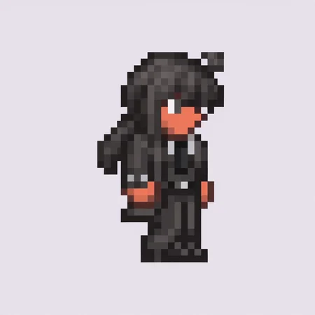 masterpiece, best quality, solo, 1girl, <lora:Terraria-Sprites-illus_Fp:1>, simple background, full body, pixel art, white background, long hair, black hair, ahoge, hair between eyes, single sidelock, low ponytail, heterochromia, black eyes, white eyes, formal, black suit, black jacket, suit jacket, open jacket, long sleeves, black gloves, black shirt, collared shirt, black necktie, black pants, black belt, chibi,