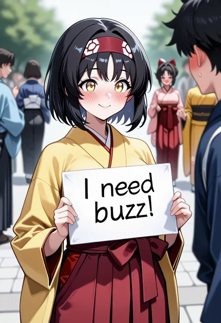 1girl, solo, need_buzz, holding sign, pokemonerika, yellow eyes, black hair, headband, short hair, japanese clothes, kimono, hakama, red hakama, long sleeves, wide sleeves, outdoor, smile, simple background, depth of field, blurry background, solo focus, BREAK cute, pretty, blush, detailed eyes, high resolution eyes, perfect face, perfect eyes, perfect breasts, perfect hands, perfect ass, uncensored, (score 9, score 8 up, score 7 up, source anime, masterpiece, best quality, high quality, absurdres, absolutely resolution, incredibly absurdres, high res image, 8K),