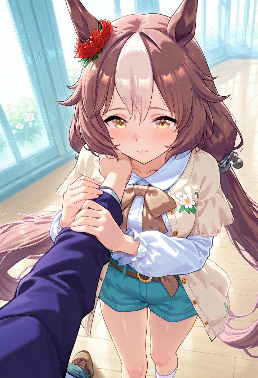 masterpiece,best quality,newest,extremely detailed,highres, absurdres, amazing quality,
yamanin_zephyr_(umamusume), 1girl, horse ears, horse girl, very long hair, brown hair, multicolored hair, hair between eyes, white hair, two-tone hair,
low twintails, 
yam963casual, white shirt, long sleeves, hair flower, flower, blue shorts, belt, white socks, brown footwear, jacket, hair ormanent,
pov hug,