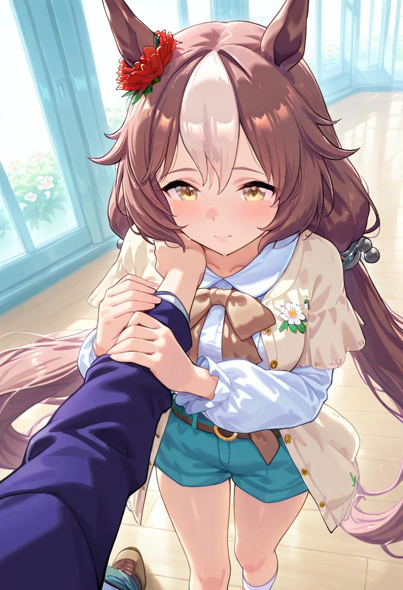 masterpiece,best quality,newest,extremely detailed,highres, absurdres, amazing quality,
yamanin_zephyr_(umamusume), 1girl, horse ears, horse girl, very long hair, brown hair, multicolored hair, hair between eyes, white hair, two-tone hair,
low twintails,
yam963casual, white shirt, long sleeves, hair flower, flower, blue shorts, belt, white socks, brown footwear, jacket, hair ormanent,
pov hug,