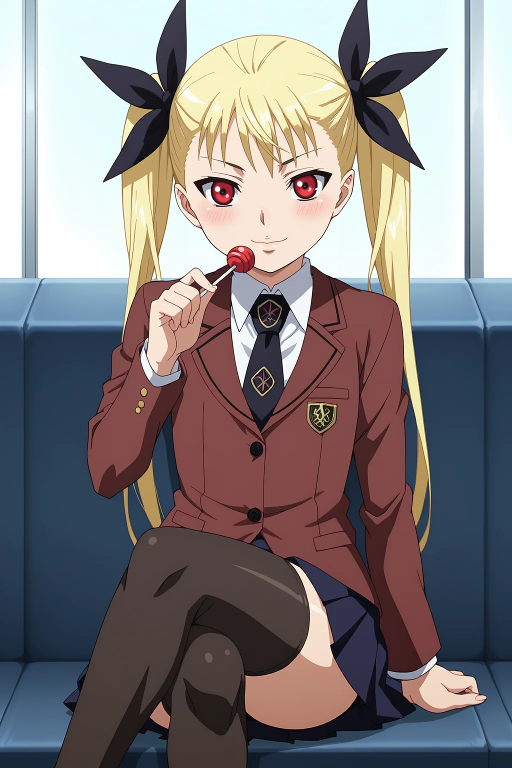 score_9, score_8_up, score_7_up, source anime, prefect lighting, very aesthetic, BREAK, anime screencap, anime coloring,
<lora:mina_tepes_v1:1>, 1girl, mina tepes, dance in the vampire bund, blonde hair, red eyes, flat chest, twintails, hair ribbon, school uniform, necktie, skirt, brown blazer, thighhighs, sitting, crossed legs, lollipop,
BREAK, looking at viewer, light smile, blush,
BREAK,