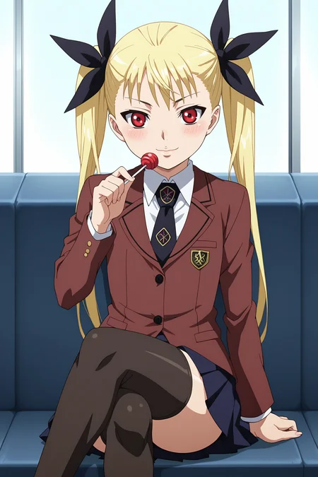 score_9, score_8_up, score_7_up, source anime, prefect lighting, very aesthetic, BREAK, anime screencap, anime coloring,
<lora:mina_tepes_v1:1>, 1girl, mina tepes, dance in the vampire bund, blonde hair, red eyes, flat chest, twintails, hair ribbon, school uniform, necktie, skirt, brown blazer, thighhighs, sitting, crossed legs, lollipop,
BREAK, looking at viewer, light smile, blush,
BREAK,