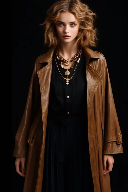 masterpiece,best quality,ultra_detailed, bellissima , dark background, 1girl wearing a white collared shirt, collared shirt, black pants, brown coat, chain necklace,  Armani style, realistic, fashion, cowboy shot,by Ellen von Unwerth