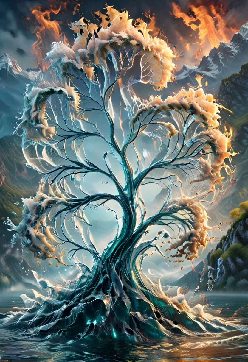 UHD, masterpiece, high quality, extremely details, intricate details, sharp focus, realistic, OverallDetailXL,
a tree made of water with leaves on fire ,ais-wvs, strong wind, leaves dancing in the air, lake surrounded by mountains,
