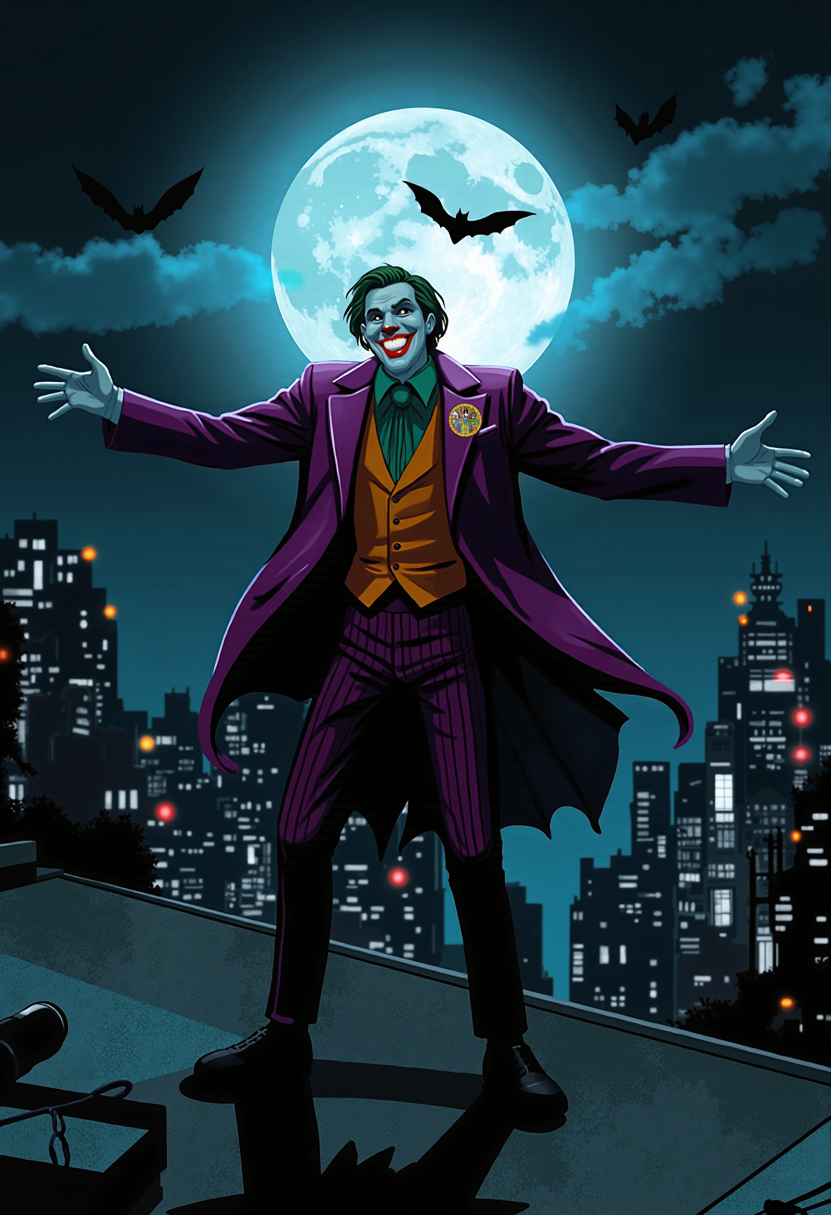 A digital artwork in the style of P0RTR4IT. The Joker, standing on a rooftop at night, arms spread wide as he laughs maniacally. The full moon illuminates his face, while distant police sirens echo through the Gotham skyline.