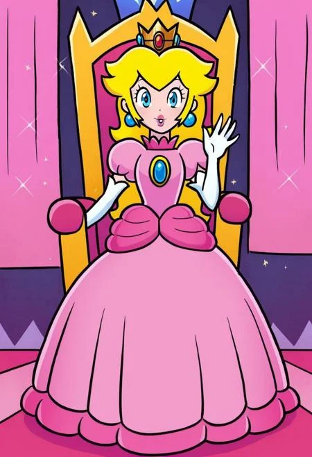 Score_7, 1girl, NO2DA, Princess peach, sitting on a throne, pink dress, looking at viewer, waving at viewer, Thick black lines, flat colors, throne room, pink banners,