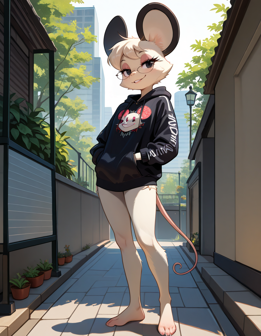 masterpiece, best quality, very aesthetic, absurdres,
outdoors, streetwear, 
barefoot, full body, standing, posing, 
 seductive smile, parted lips, long eyelashes,
 <lora:Tamy_v01_NAIXL:1>
T4my,1girl,solo,furry,furry female,mouse girl,short hair,mouse ears,black eyes,glasses,animal nose,body fur,white fur,mouse tail,