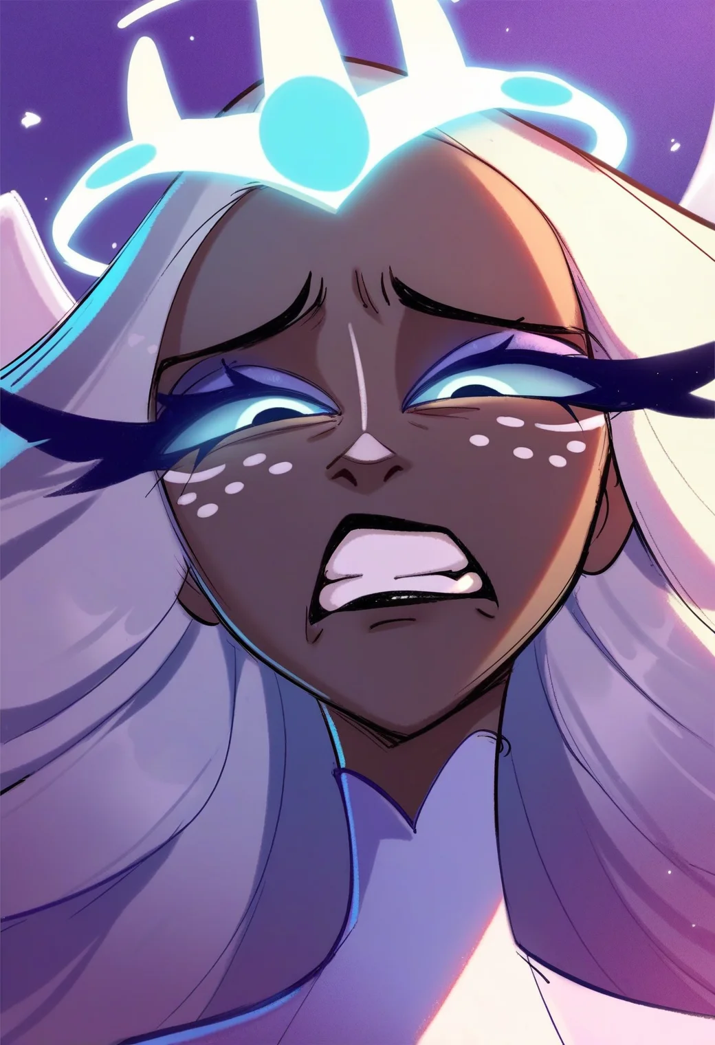 1girl, <lora:sera_hazbin_hotel_ponyxl_v1:0.8>, sera, half-closed eyes, solo, frown, clenched teeth, parted lips, teeth, eyes, close-up, purple background, dress, angel wings, halo, white aura, turtleneck, turtleneck dress,
BREAK
score_9, score_8_up, score_7_up, score_6_up