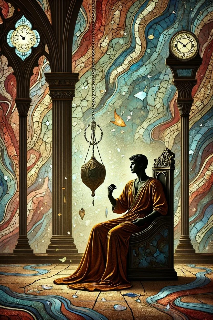 <lora:Silhuflowart2.safetensors:1> Silhuflowart, Silhouette, Fluid, Pastel
In the grand hall of an ancient cathedral, time stands still. A man in his mid-30s, with a chiseled jaw and deep, contemplative eyes, is frozen in a surreal moment. His luxurious, gold-trimmed orange robes, adorned with intricate patterns that shimmer in the delicate interplay of light and shadow, are suspended mid-flow. He sits on an ornate, carved wooden throne, his fingers poised above the strings of a lute, as if about to pluck the next note. The lute itself, a finely crafted instrument with a polished body, hangs in mid-air, its strings taut and motionless.
The grand gothic cathedral looms around him, its soaring arches and stained glass windows casting a kaleidoscope of colors that freeze in mid-air, creating a breathtaking tapestry of light. The stained glass, with its rich hues of blue, red, and gold, seems to hold the light in suspended animation, each shard a frozen moment in a timeless story.
In this moment of stillness, a single leaf, halfway through its descent from a high stained glass window, hangs motionless in the air. A droplet of water, detached from a nearby fountain, floats in mid-air, its surface reflecting the intricate architecture around it. The man's calm, focused expression is preserved, his eyes seemingly fixed on a point beyond the visible, as if he is aware of the profound stillness that surrounds him.
Ancient clocks, their hands stopped at the same moment, stand sentinel in the corners of the room, their faces etched with the passage of time. An eternal flame, flickering yet motionless, casts a warm, steady glow that illuminates the scene, enhancing the eerie, almost haunting atmosphere. The air is thick with the presence of timeless natural formations, like translucent crystals and ancient fossils, each a reminder of the enduring nature of time.
This frozen moment invites the viewer to contemplate the delicate balance between the past, present, and future, a profound stillness that speaks of the eternal and the fleeting in equal measure.
