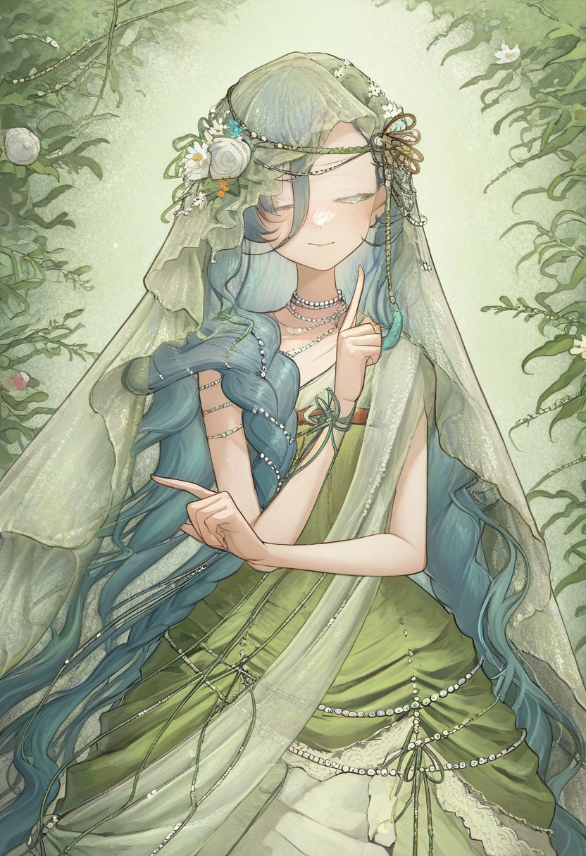 volumetric lighting, ambient occlusion, luminescent background, masterpiece, very awa,dynamic pose, 
37(HAPPYBIRDCATCHER),green dress,flower,necklace,veil,bright smile, pointing, happy, flowers, green background, nature