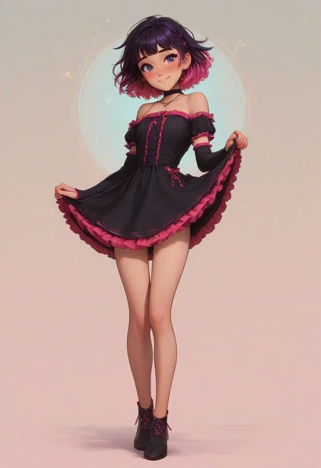 score_9, score_8_up, score_7_up, score_6_up, Roxy Spaulding, 1girl, 18 years old, perfect face, cute, petite, adorable face, detailed background, cozy interior background, medium distance, dynamic pose,
multicolored hair, black hair, purple hair, pink hair, short hair, black choker, necklace, black dress, frilled dress, bare shoulders, short sleeves, arm warmers,
black clothes, pink clothes, teasing, skirt lifted by self,
blush, shy smile, full body shot, long legs, short dress, bare legs,