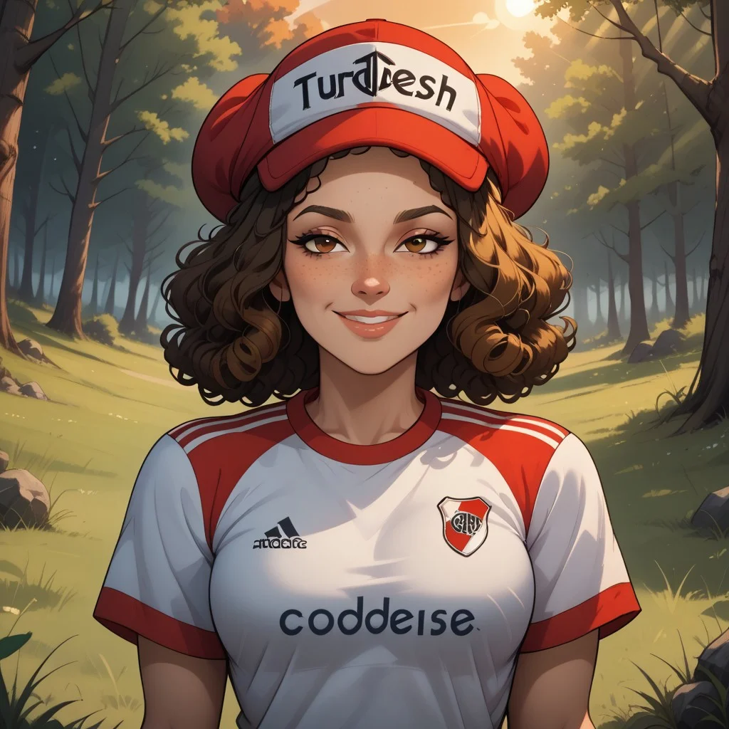 score_9, score_8, BREAK, solo, multicolored jamaican headwear, brown hair, curly hair, freckles, lips, RiverPlate, striped shirt, striped, shirt, white shirt, short sleeves, clothes writing, sportswear, soccer uniform, Total Drama, Laurie_(\Total_Drama\), breasts, sexy pose, self portrait, smile, looking at viewer, outdoors, sunlight, shadows, evening lighting, natural lighting, forest, trees, grass, orange sky, sunset