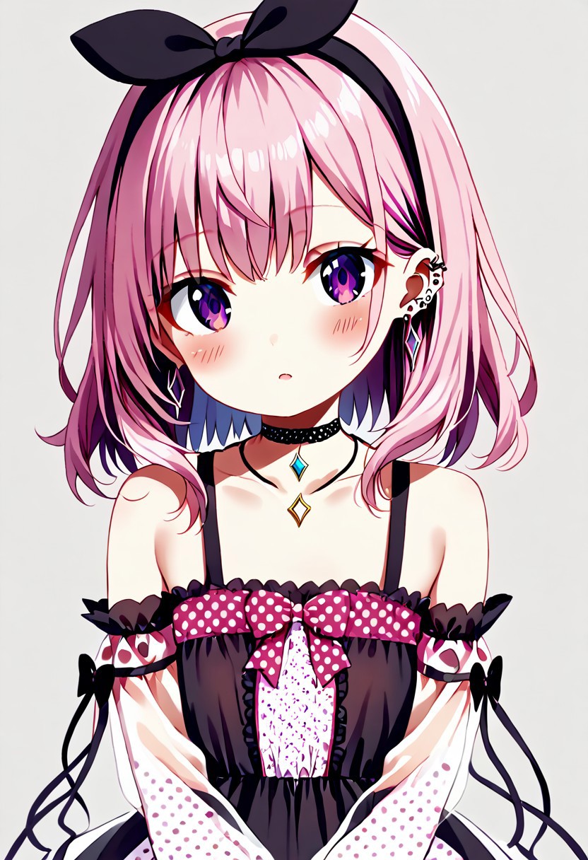 score_9, score_8_up, score_7_up, 1girl, prow, original costume, polka_dot, polka_dot_bow, jewelry, earrings, purple_eyes, choker,  pink_hair, hairband, bow, black_choker, hair_bow, blush, detached_sleeves, necklace, bangs, polka_dot_shirt, multicolored_hair, see-through_sleeves, hair_ornament, long_hair, black_bow, piercing, pendant, ear_piercing, medium_hair, bare_shoulders, polka_dot_dress,