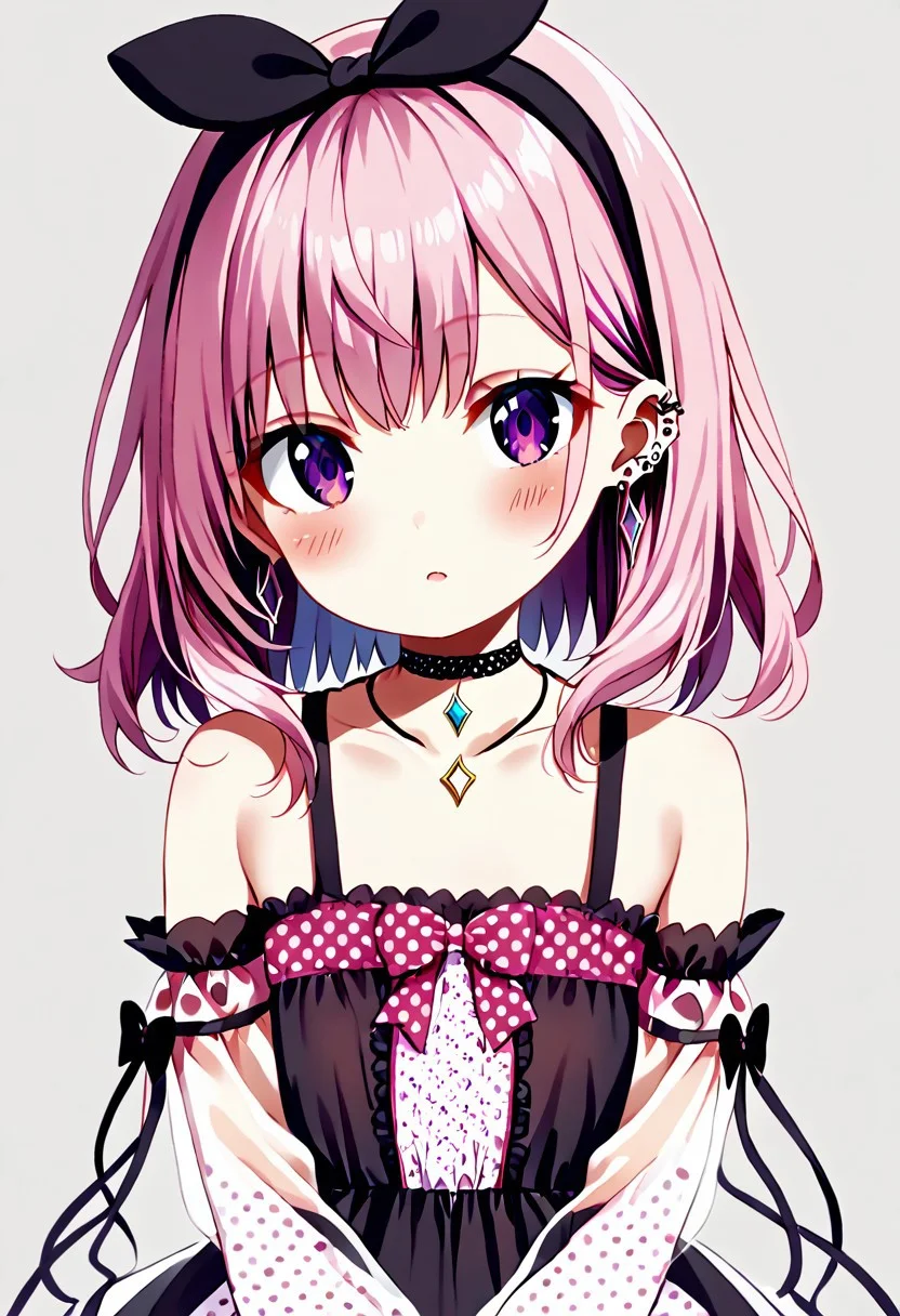 score_9, score_8_up, score_7_up, 1girl, prow, original costume, polka_dot, polka_dot_bow, jewelry, earrings, purple_eyes, choker, pink_hair, hairband, bow, black_choker, hair_bow, blush, detached_sleeves, necklace, bangs, polka_dot_shirt, multicolored_hair, see-through_sleeves, hair_ornament, long_hair, black_bow, piercing, pendant, ear_piercing, medium_hair, bare_shoulders, polka_dot_dress,
