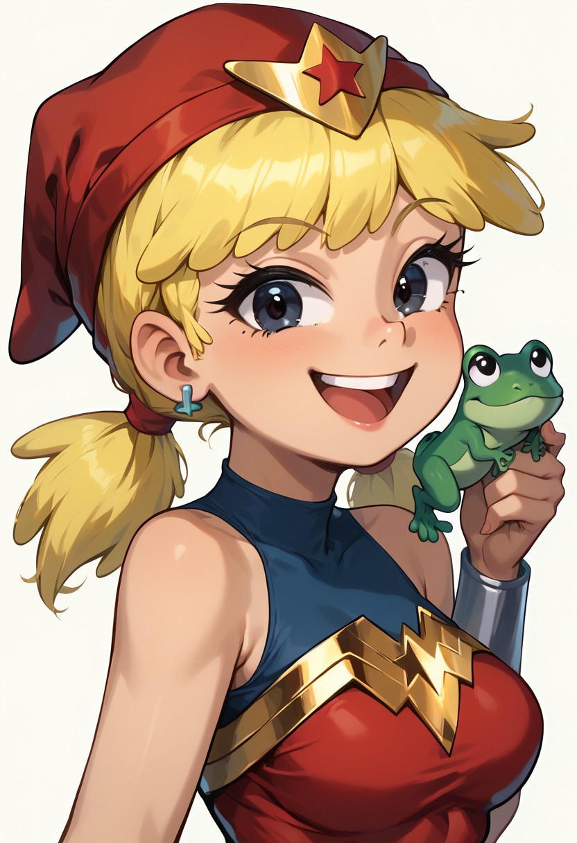 score_8_up, score_7_up, Lana Loud, 1girl, solo, cute, upper body, standing, grin, smile, open mouth, top teeth only, looking at viewer, <lora:Lana_Loud1-10_3:0.8>, tomboy, blonde hair, pigtails, red headwear, missing tooth, black eyes, posing, wonder woman cosplay, bare shoulders, tiara, earrings, medium breasts, jewelry, leotard, white background, simple background, hip sway, wide hips, hand up, holding frog, small green frog, flat color, sideview,
