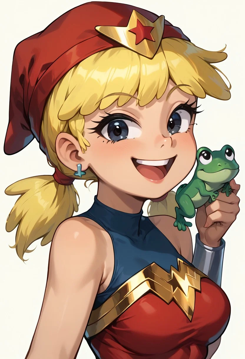 score_8_up, score_7_up, Lana Loud, 1girl, solo, cute, upper body, standing, grin, smile, open mouth, top teeth only, looking at viewer, <lora:Lana_Loud1-10_3:0.8>, tomboy, blonde hair, pigtails, red headwear, missing tooth, black eyes, posing, wonder woman cosplay, bare shoulders, tiara, earrings, medium breasts, jewelry, leotard, white background, simple background, hip sway, wide hips, hand up, holding frog, small green frog, flat color, sideview,