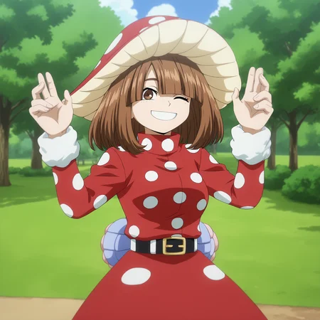 <lora:SlimesKinoko-000005:1>, slimes_kinoko, woman, solo, park background, hands up, smiling