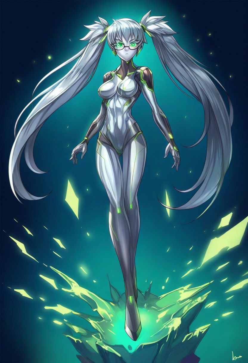 score_9, score_8_up, score_7_up, score_6_up, score_5_up, score_4_up, 2D, ibenz,
BREAK
1girl, liquid mercury, solo, ((((at full height)))), 
silver body, long hair, silver hair, twintails, green lines, green eyes, glowing eyes, round eyeglasses, 
slender, lean, medium breasts, toned legs,
focused, serious, calm,
cyberspace, black background, green energy lines, green code, detailed background,