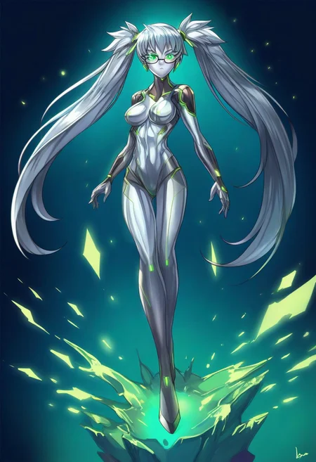 score_9, score_8_up, score_7_up, score_6_up, score_5_up, score_4_up, 2D, ibenz,
BREAK
1girl, liquid mercury, solo, ((((at full height)))),
silver body, long hair, silver hair, twintails, green lines, green eyes, glowing eyes, round eyeglasses,
slender, lean, medium breasts, toned legs,
focused, serious, calm,
cyberspace, black background, green energy lines, green code, detailed background,