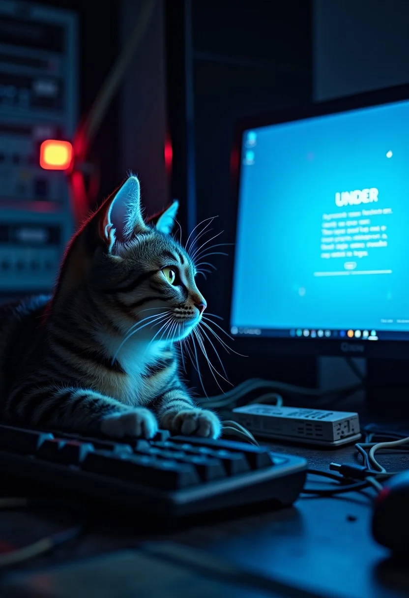 Score_9, score_8_up, score_7_up, cute tabby cat laying on a computer keyboard surrounded by loose wiring, blue computer screen of death, dark server room, computer crash, red blinking lights, blue screen shows the words under maintenance