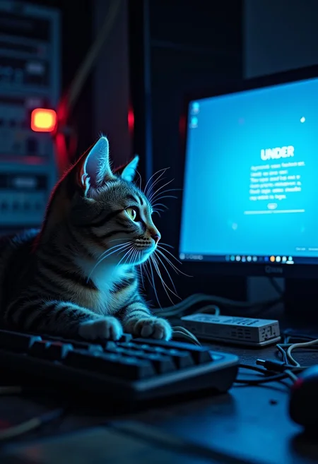 Score_9, score_8_up, score_7_up, cute tabby cat laying on a computer keyboard surrounded by loose wiring, blue computer screen of death, dark server room, computer crash, red blinking lights, blue screen shows the words under maintenance