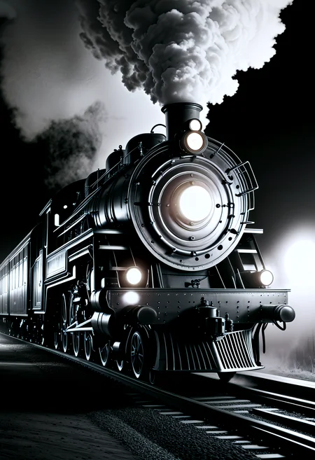 shine, ral-ertmsphr black and white cinematic image shot of a steam train at night , 4k, uhd, masterpiece, Enlarged or exaggerated organ development, Arteries